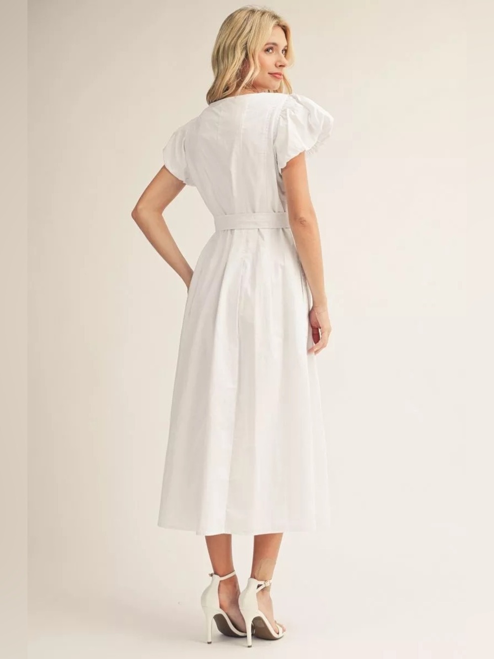 #293 New! Cotton White Button-Front Tie-Waist Midi Dress - Picture 4 of 4